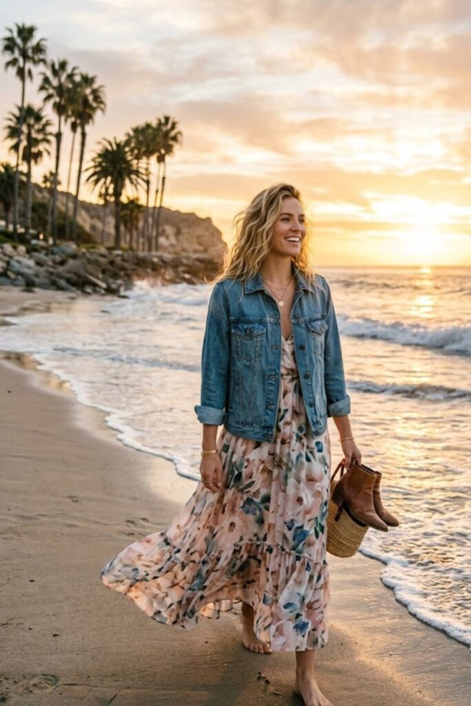 6. Denim jacket with a maxi dress