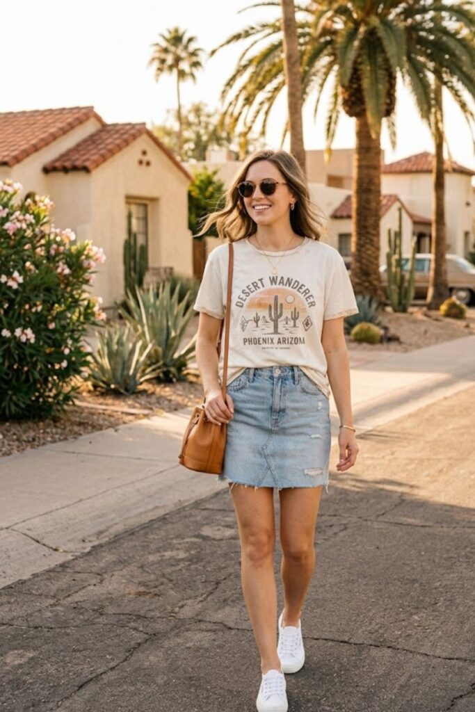 6. Graphic tee with denim skirt