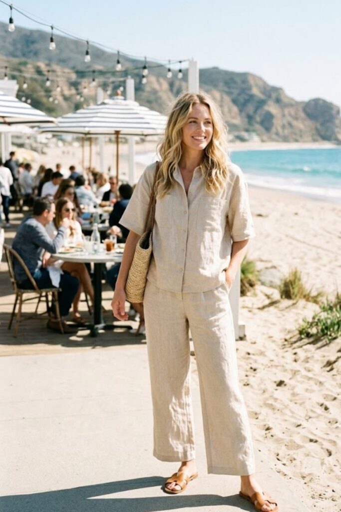 6. Matching linen set with sandals
