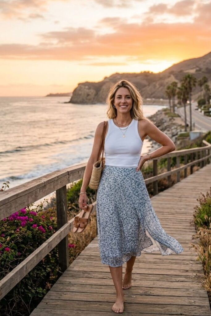 7. Tank top with flowy midi skirt