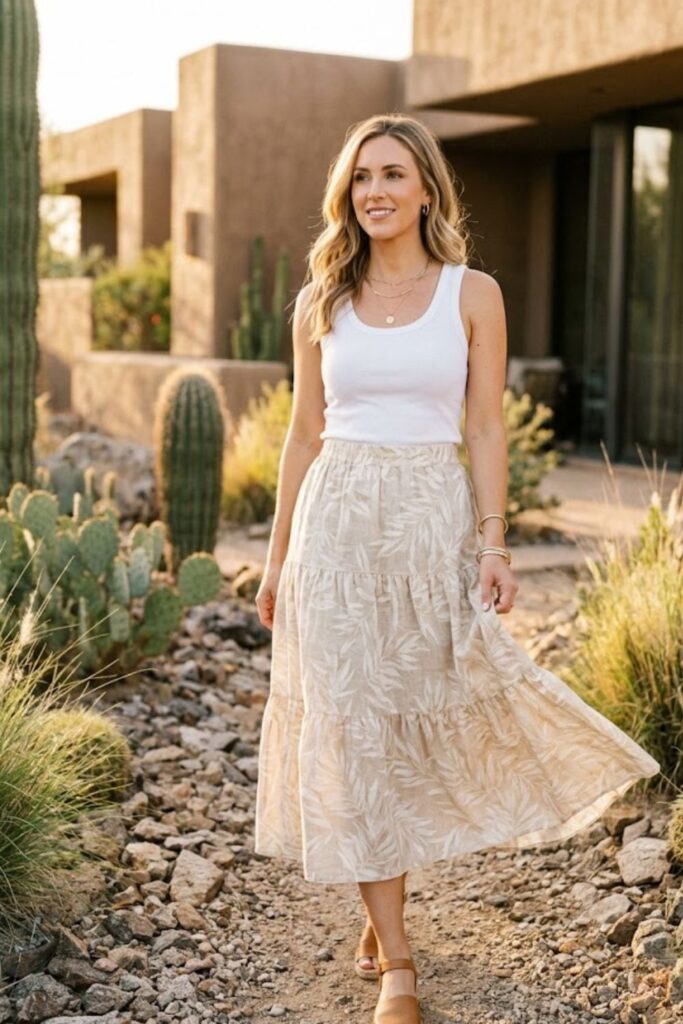8. White tank top with flowy midi skirt