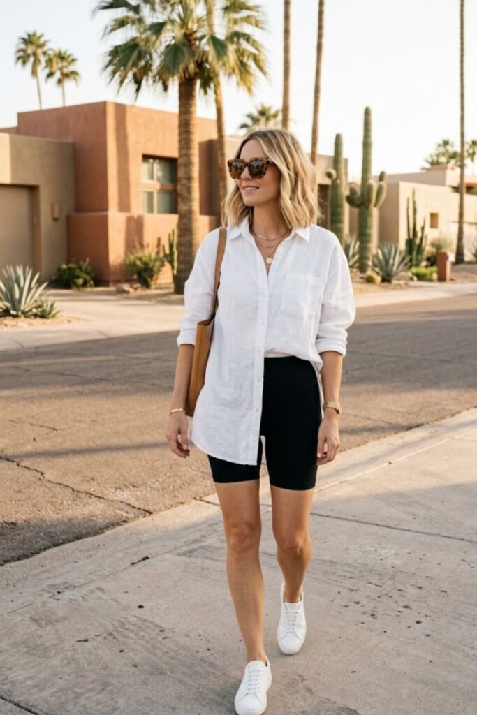 9. Oversized button-down shirt with biker shorts