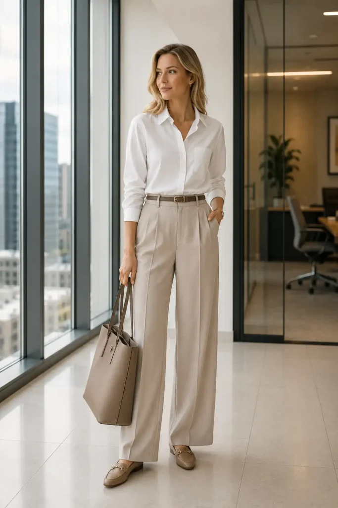 1. White Button-Down and Wide-Leg Trousers