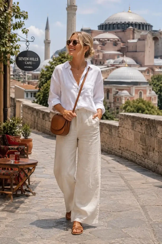 1. White Linen Shirt and Wide-Leg Pants