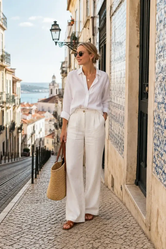 1. White Linen Shirt and Wide-Leg Trousers