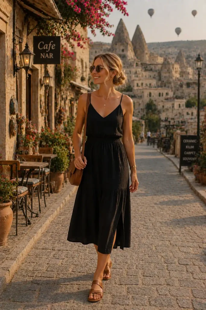 10. Black Midi Dress and Sandals