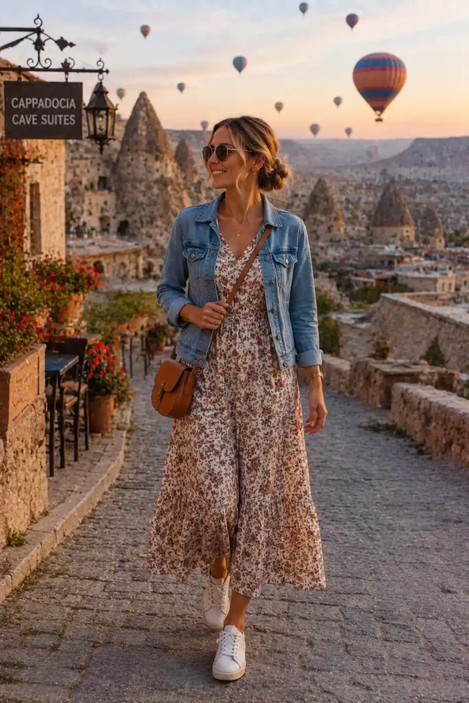 11. Denim Jacket and Floral Dress