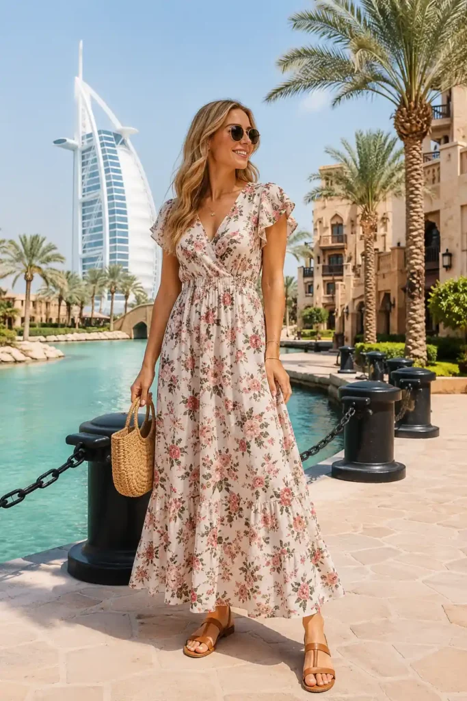11. Floral Maxi Dress and Straw Bag