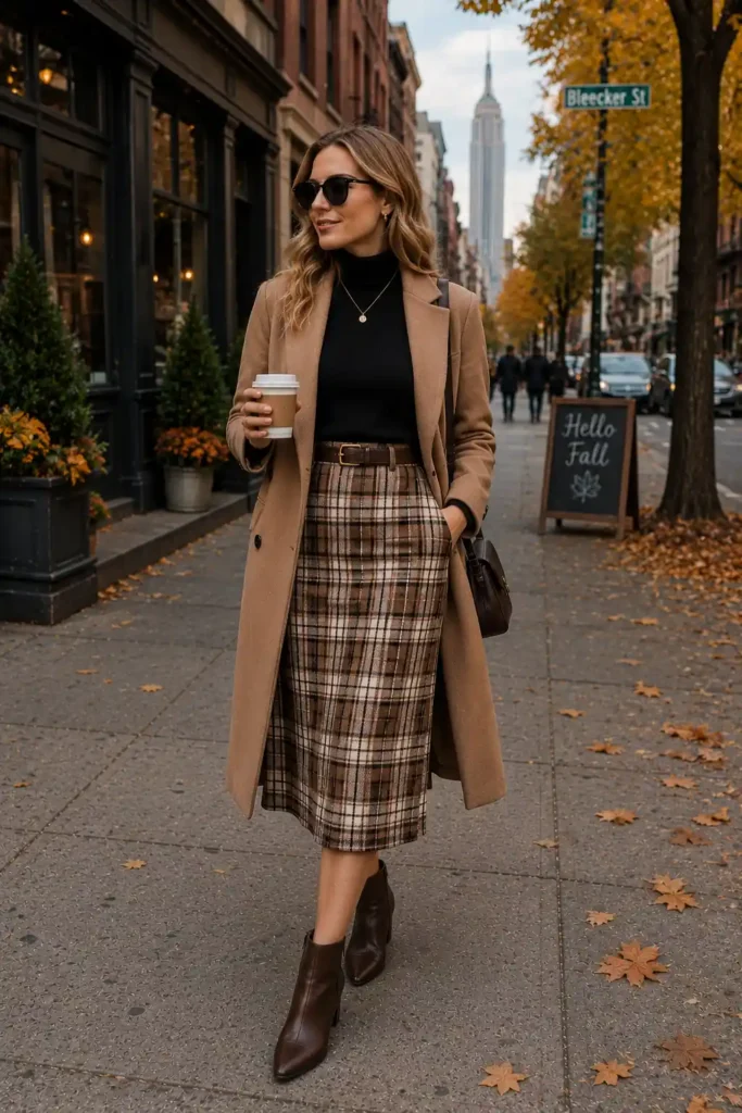 11. Turtleneck Sweater With Plaid Skirt