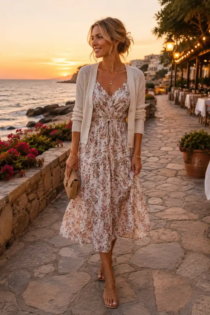 12. Floral Midi Dress and Cardigan