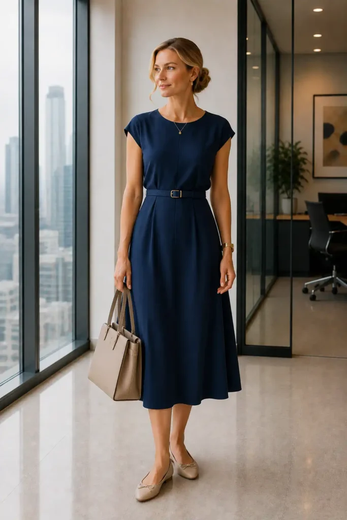 12. Navy Midi Dress and Ballet Flats