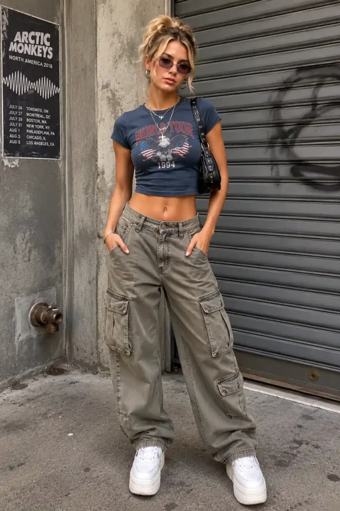 2. Graphic Crop Top and Cargo Pants