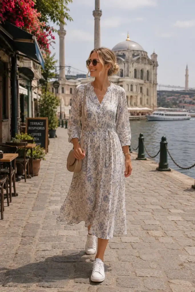 2. Midi Dress and White Sneakers