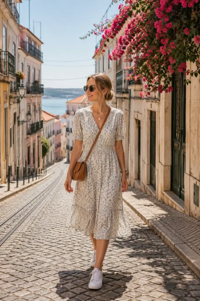 2. Midi Dress and White Sneakers