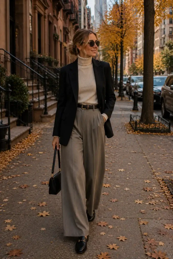 3. Blazer With Turtleneck and Wide-Leg Trousers