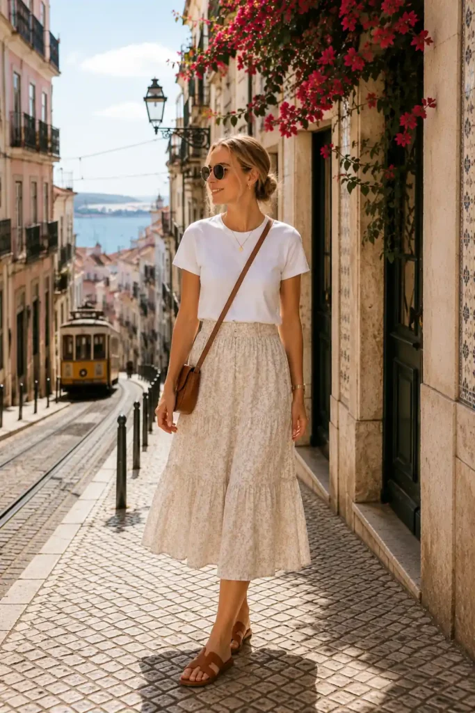 5. White T-Shirt and Midi Skirt