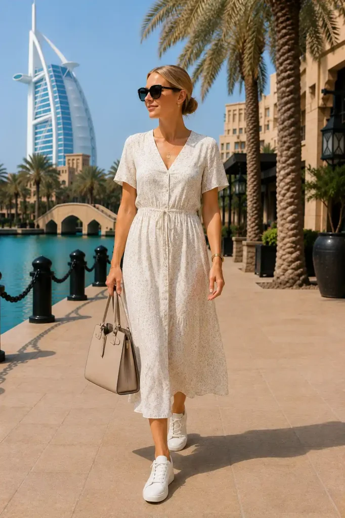 6. Midi Dress and White Sneakers