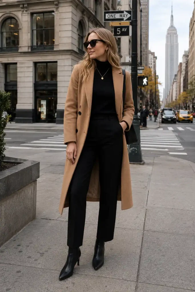 7. Camel Coat With Monochrome Black Outfit