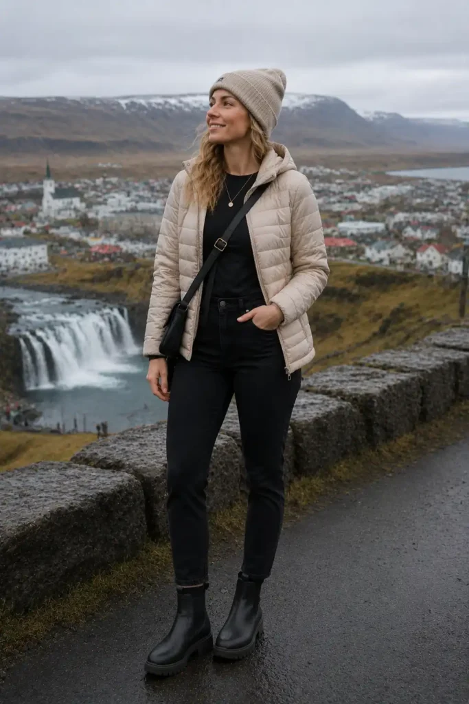 7. Puffer Jacket and Black Jeans
