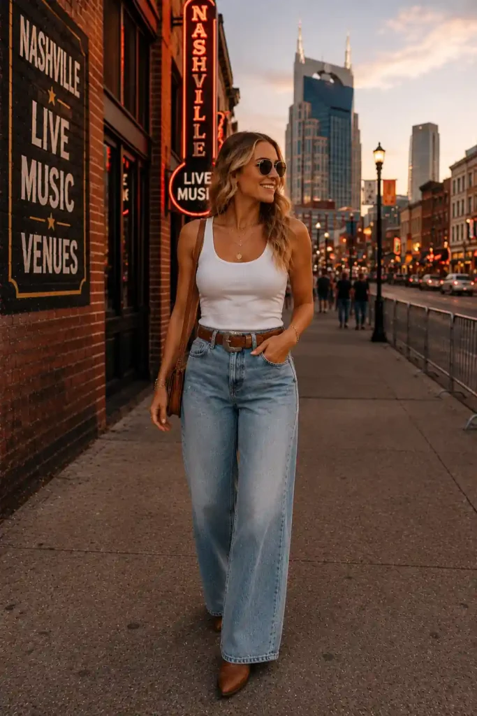 7. White Tank Top and Wide-Leg Jeans