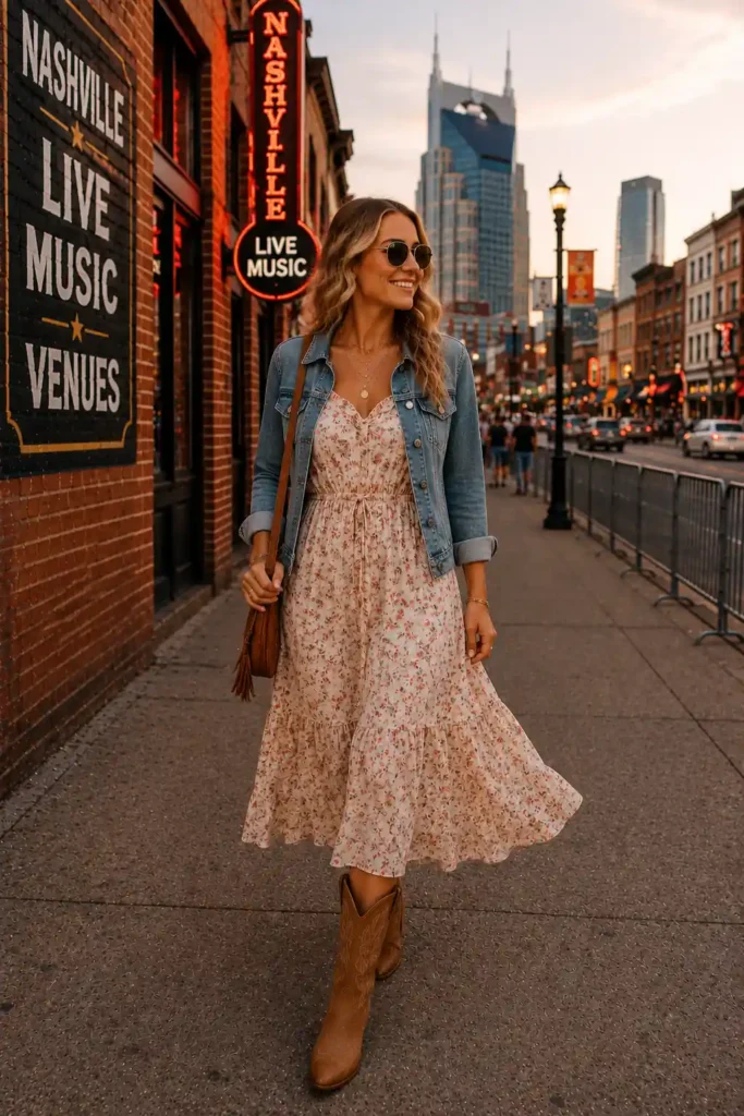 8. Floral Midi Dress and Cowboy Boots