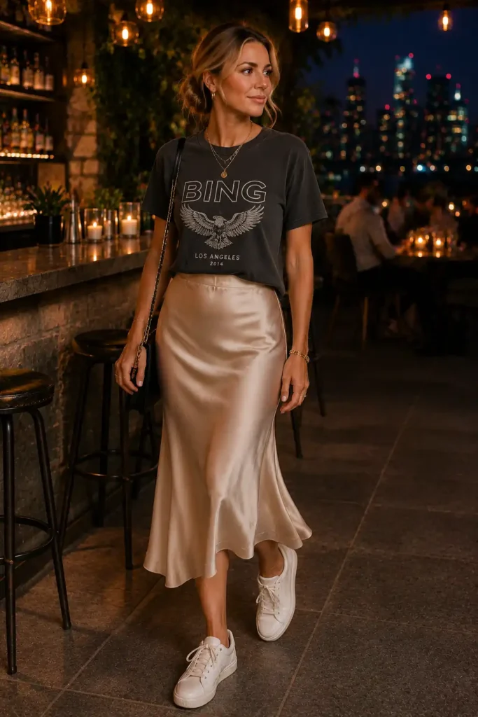9. Graphic Tee and Satin Skirt